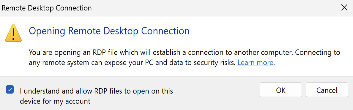RDP warning screenshot